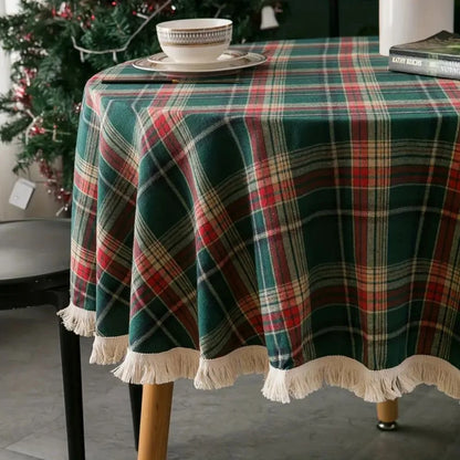 Round Tablecloth Microfiber Classic Plaid Tasselled Edges