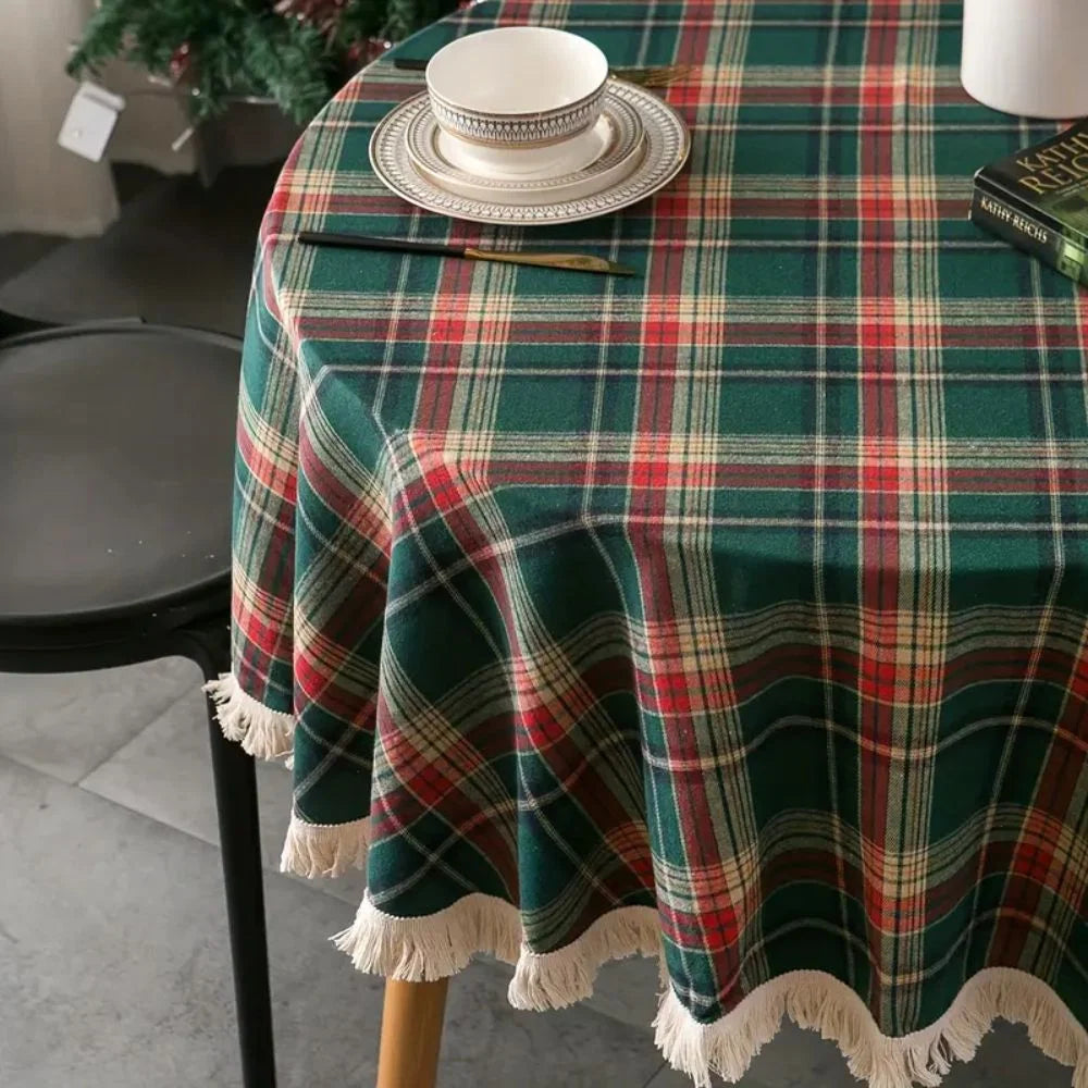Round Tablecloth Microfiber Classic Plaid Tasselled Edges