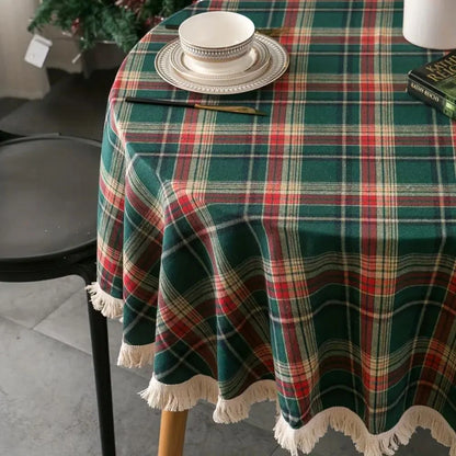 Round Tablecloth Microfiber Classic Plaid Tasselled Edges