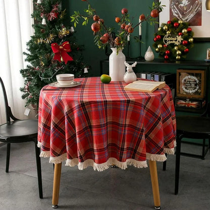 Round Tablecloth Microfiber Classic Plaid Tasselled Edges