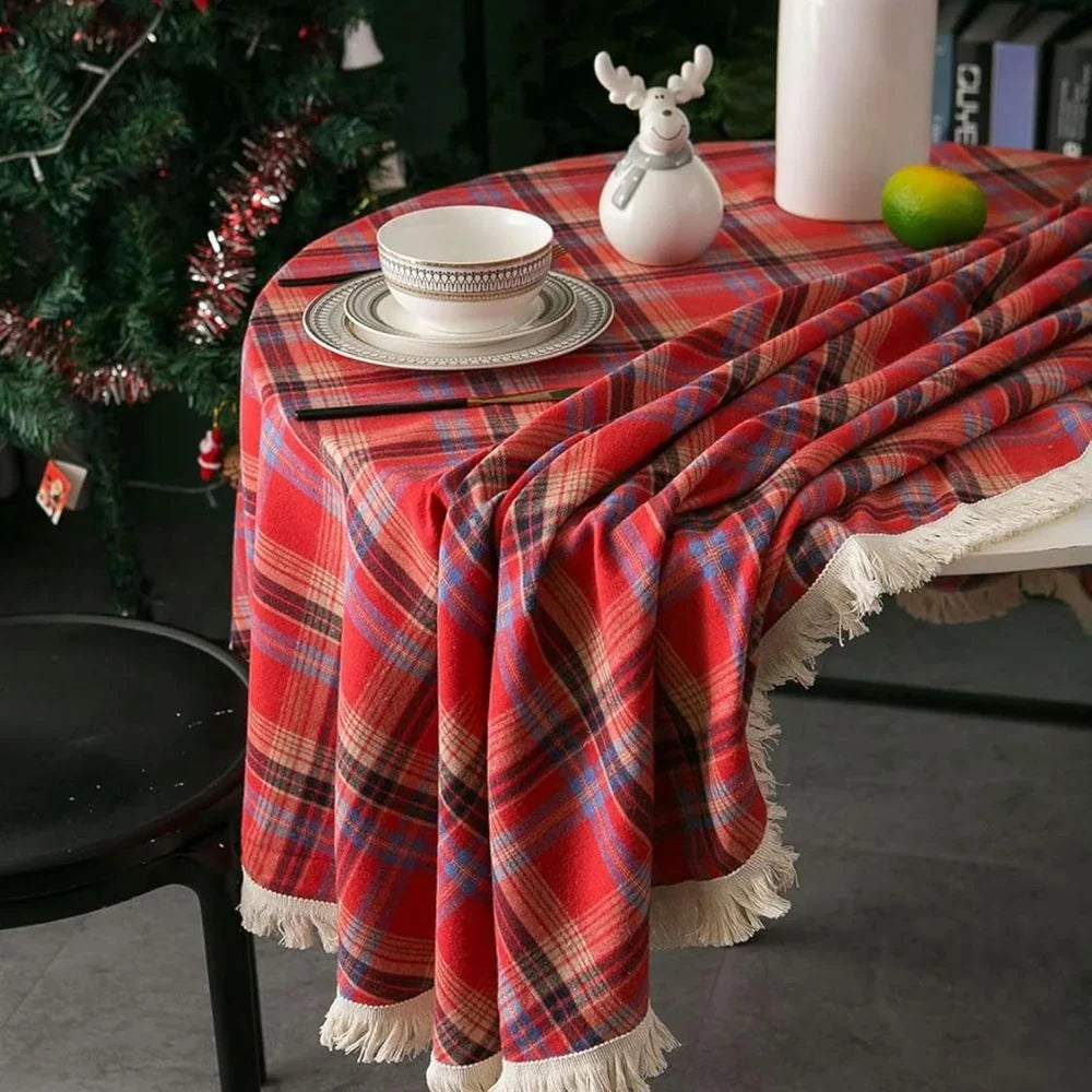 Round Tablecloth Microfiber Classic Plaid Tasselled Edges