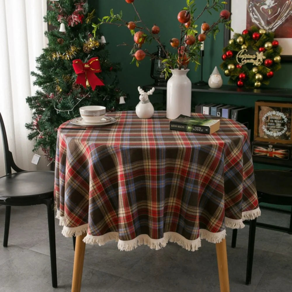 Round Tablecloth Microfiber Classic Plaid Tasselled Edges
