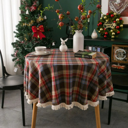 Round Tablecloth Microfiber Classic Plaid Tasselled Edges
