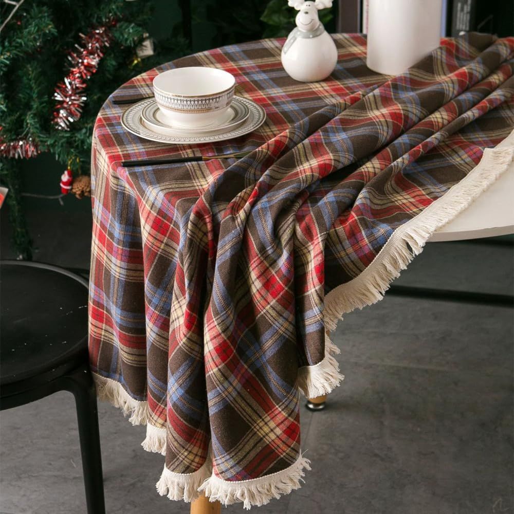 Round Tablecloth Microfiber Classic Plaid Tasselled Edges