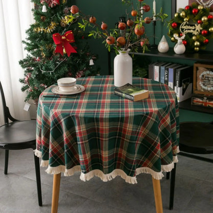 Round Tablecloth Microfiber Classic Plaid Tasselled Edges