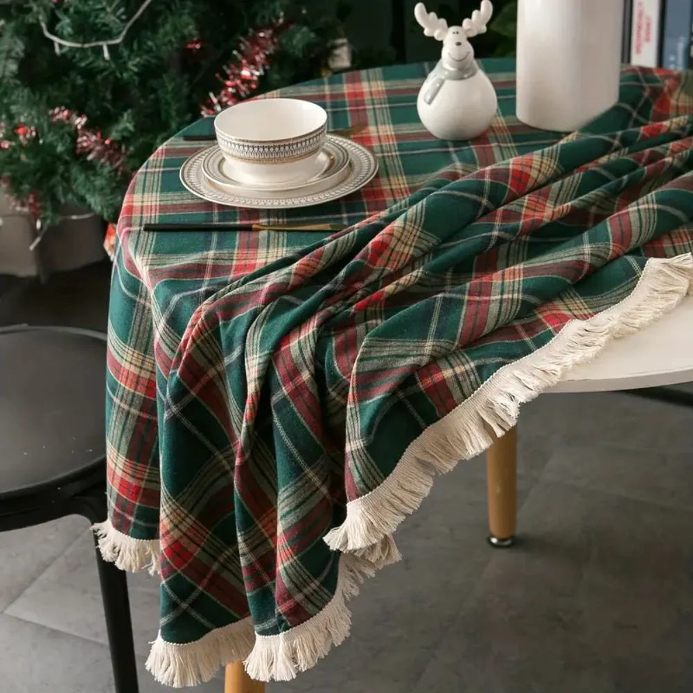 Round Tablecloth Microfiber Classic Plaid Tasselled Edges