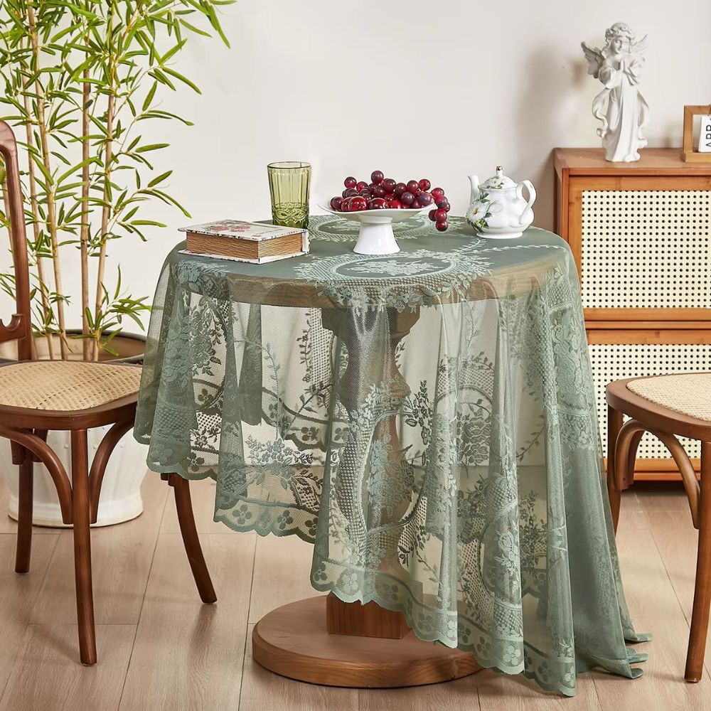 Round Tablecloth Sheer Floral Lace Microfiber Blend