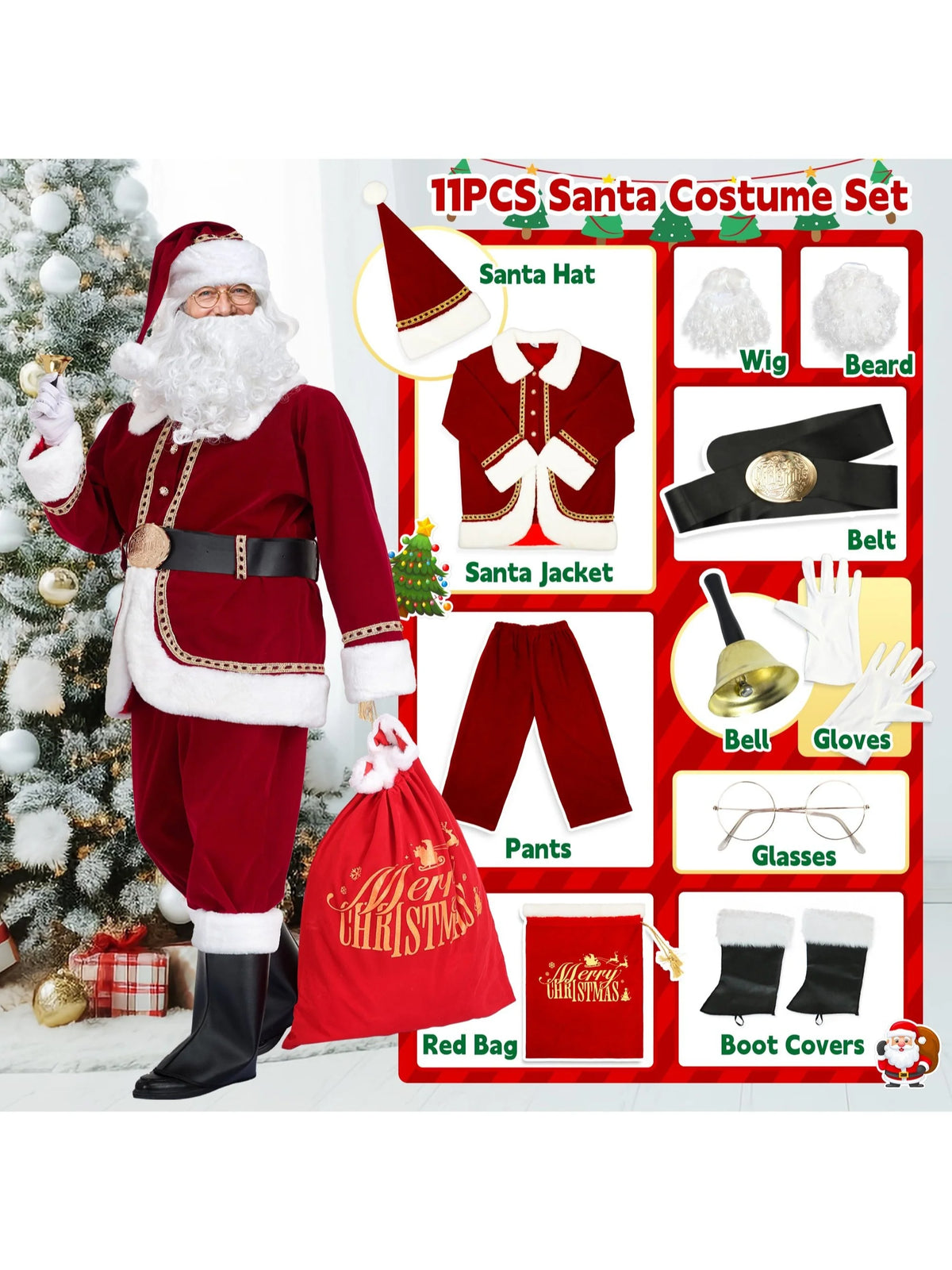 Santa Costume Burgundy 11-Piece Adult Set