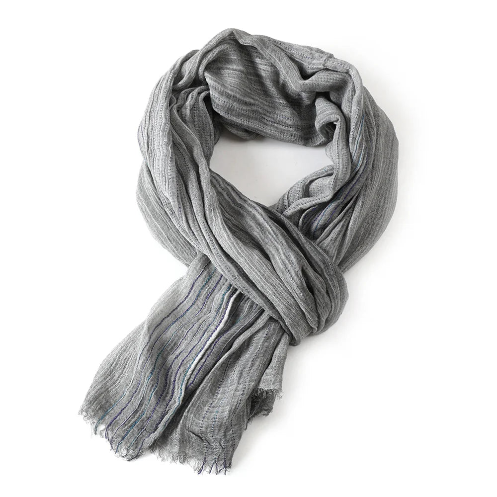 Scarf Cotton-Linen Blend Striped Fringed Ends Lightweight Warmth