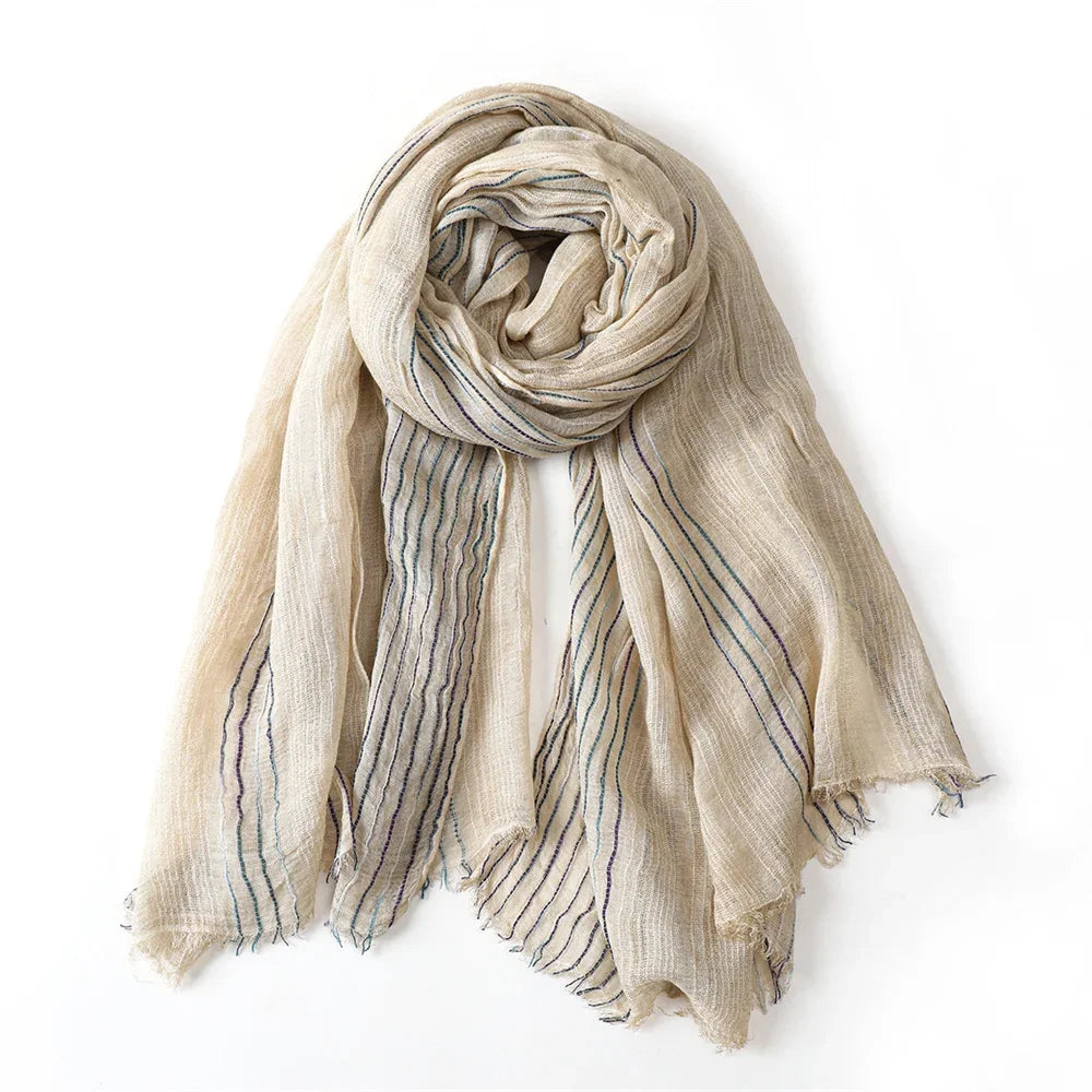 Scarf Cotton-Linen Blend Striped Fringed Ends Lightweight Warmth