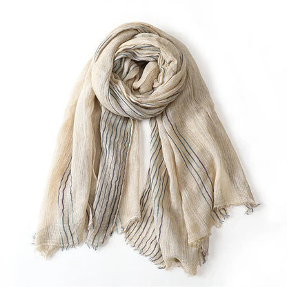 Scarf Cotton-Linen Blend Striped Fringed Ends Lightweight Warmth
