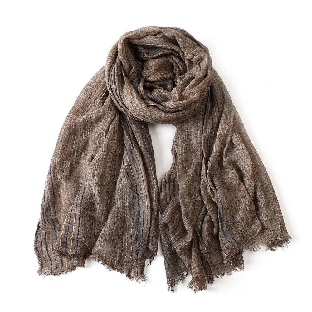 Scarf Cotton-Linen Blend Striped Fringed Ends Lightweight Warmth