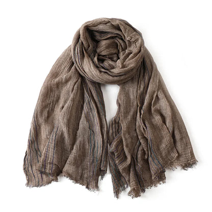 Scarf Cotton-Linen Blend Striped Fringed Ends Lightweight Warmth