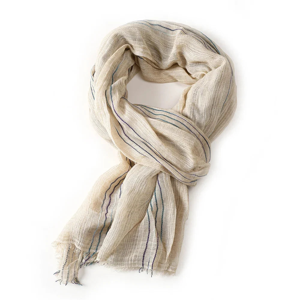 Scarf Cotton-Linen Blend Striped Fringed Ends Lightweight Warmth
