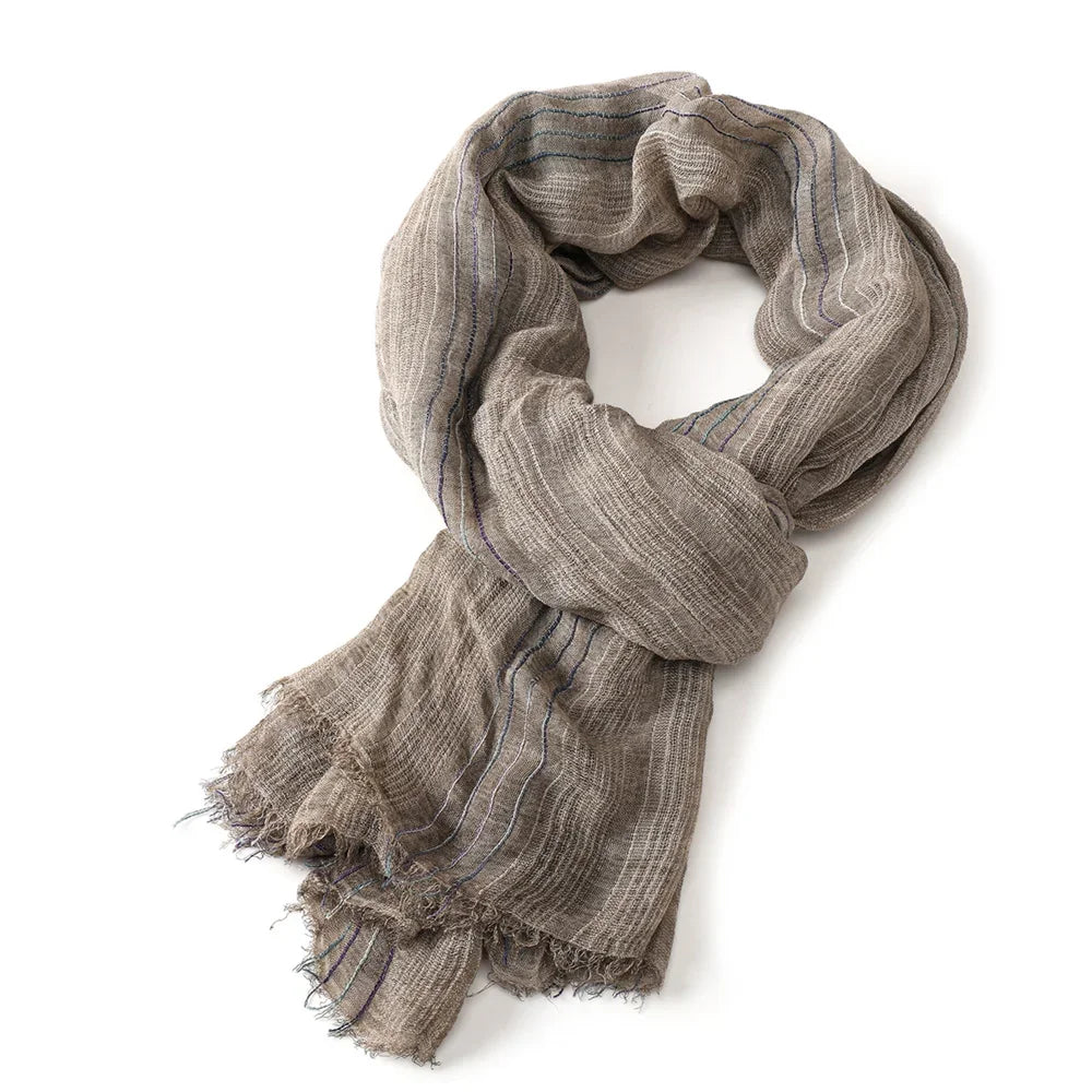 Scarf Cotton-Linen Blend Striped Fringed Ends Lightweight Warmth