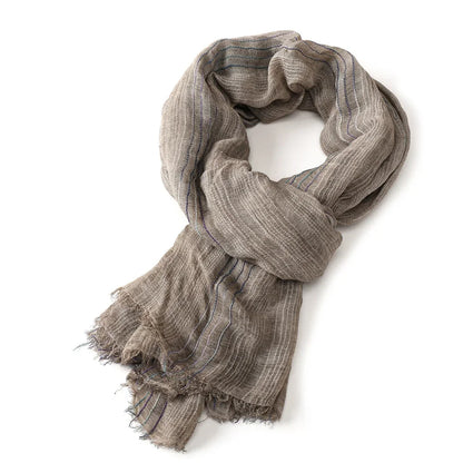 Scarf Cotton-Linen Blend Striped Fringed Ends Lightweight Warmth