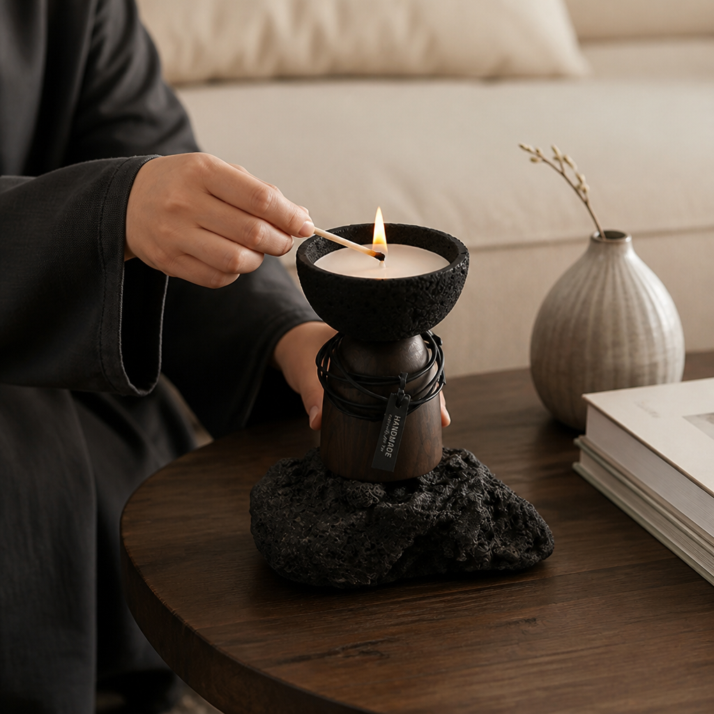 Sculptural Wood and Cement Candle Holder for Cup Candles