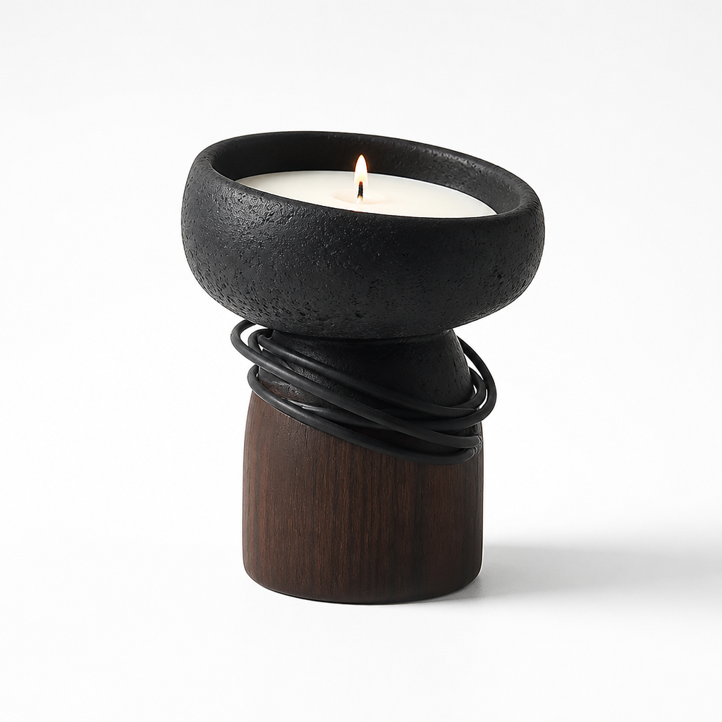 Sculptural Wood and Cement Candle Holder for Cup Candles