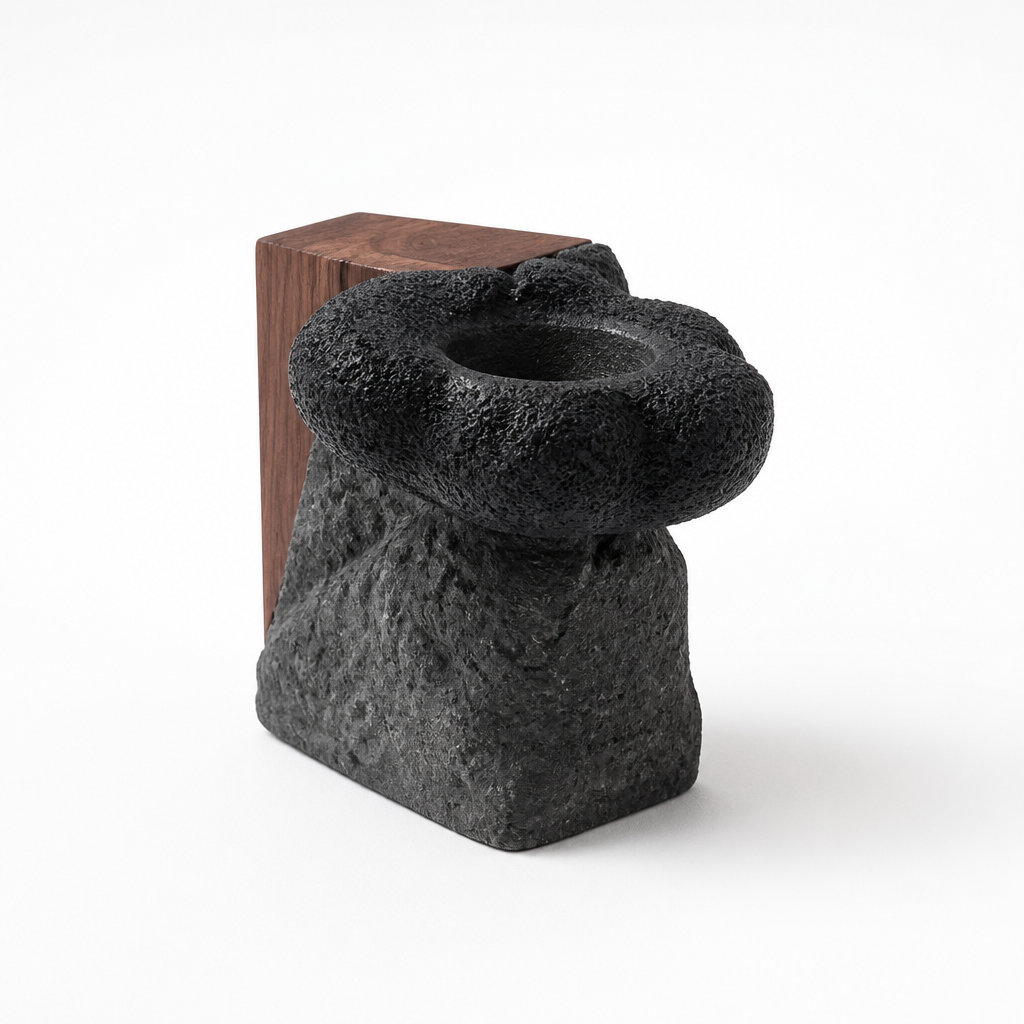Sculptural Wood and Cement Candle Holder for Cup Candles