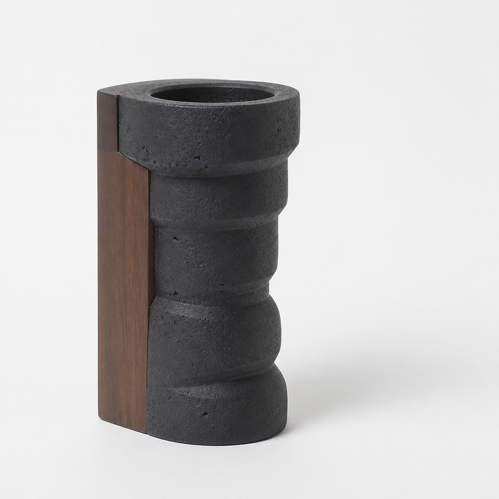 Sculptural Wood and Cement Candle Holder for Cup Candles