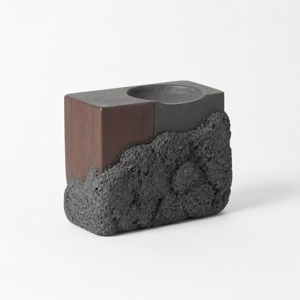 Sculptural Wood and Cement Candle Holder for Cup Candles