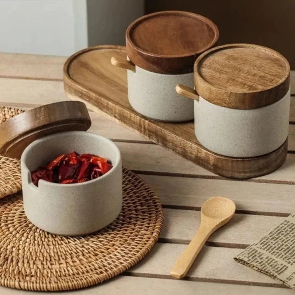 Seasoning Jar Set Ceramic With Natural Wood Lids