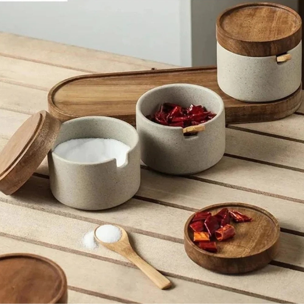 Seasoning Jar Set Ceramic With Natural Wood Lids