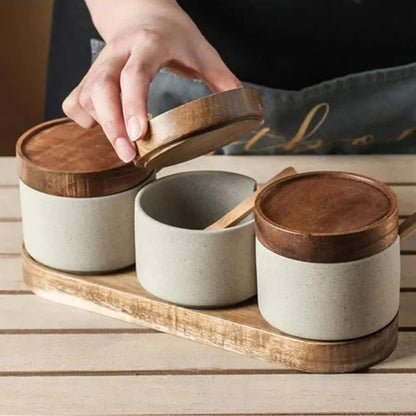 Seasoning Jar Set Ceramic With Natural Wood Lids