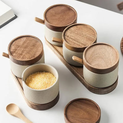 Seasoning Jar Set Ceramic With Natural Wood Lids