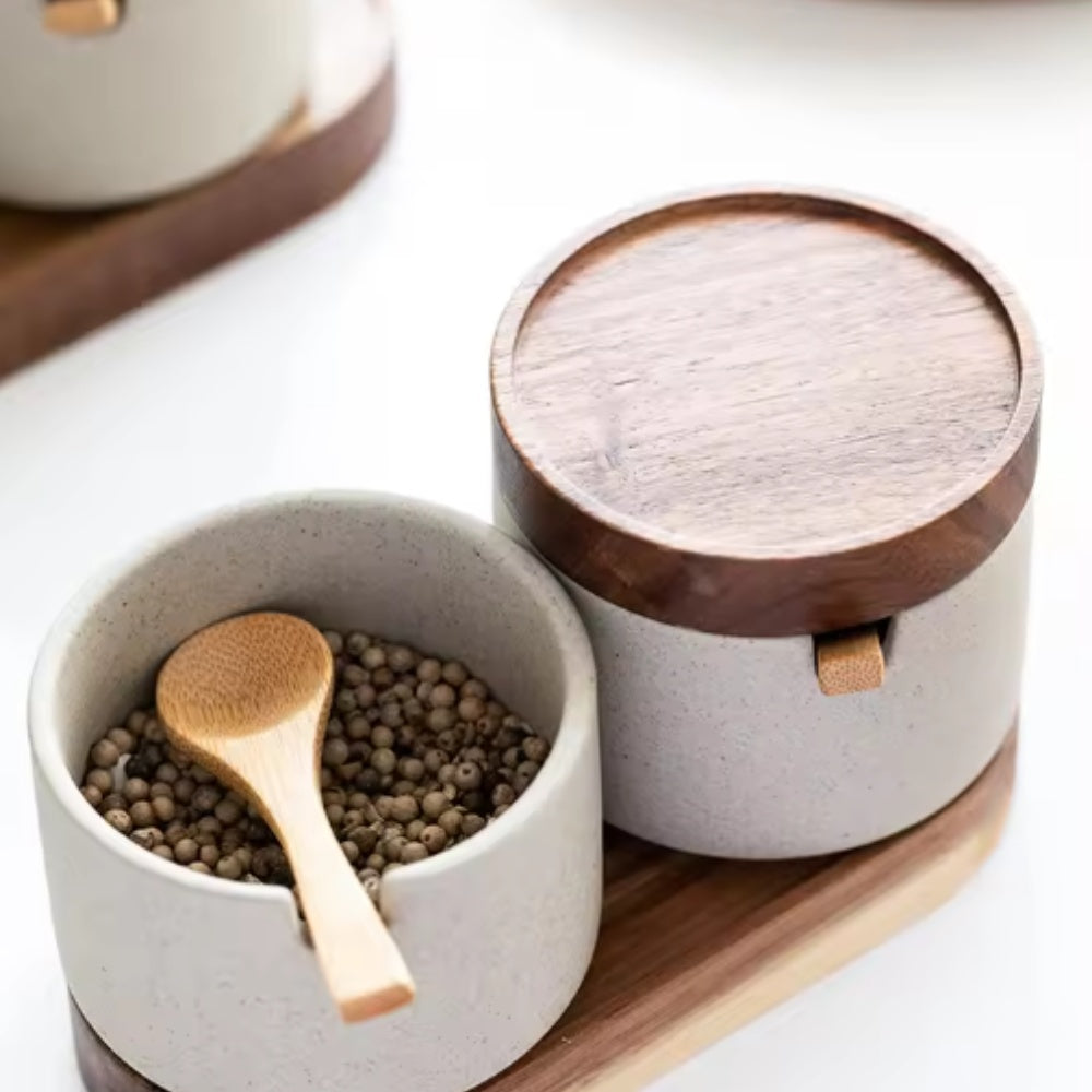 Seasoning Jar Set Ceramic With Natural Wood Lids