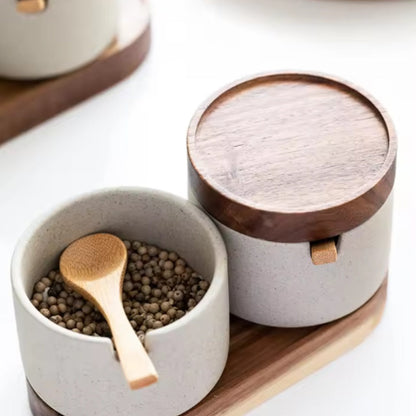 Seasoning Jar Set Ceramic With Natural Wood Lids
