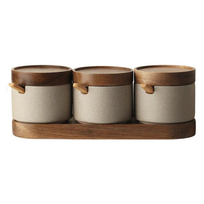Seasoning Jar Set Ceramic With Natural Wood Lids