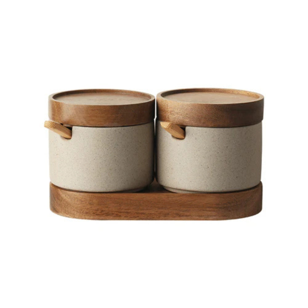 Seasoning Jar Set Ceramic With Natural Wood Lids