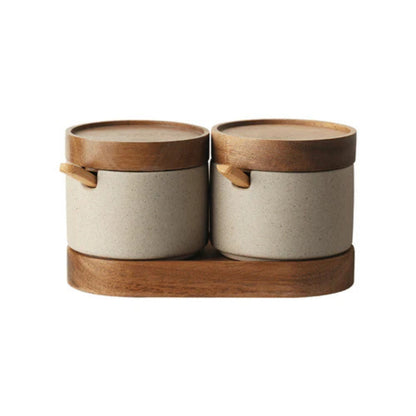 Seasoning Jar Set Ceramic With Natural Wood Lids