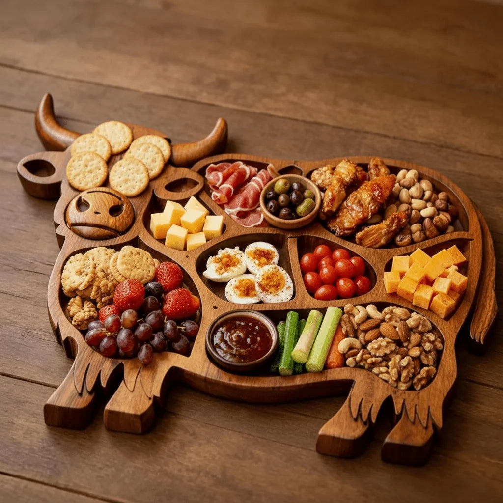 Serving Board Solid Wood Cow Motif