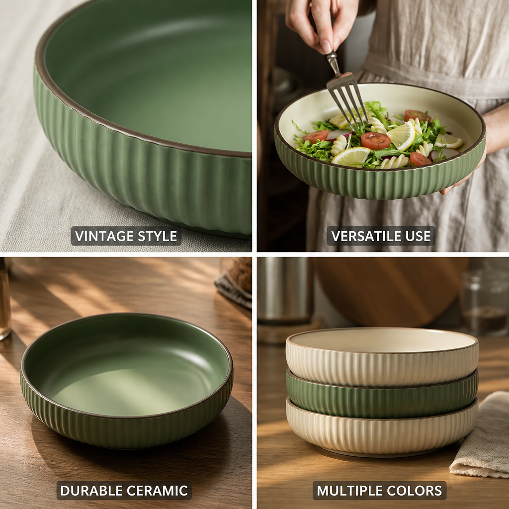 Serving Plate Deep Ceramic Hand-Glazed Striped Edge