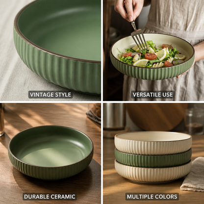 Serving Plate Deep Ceramic Hand-Glazed Striped Edge
