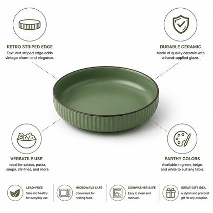 Serving Plate Deep Ceramic Hand-Glazed Striped Edge