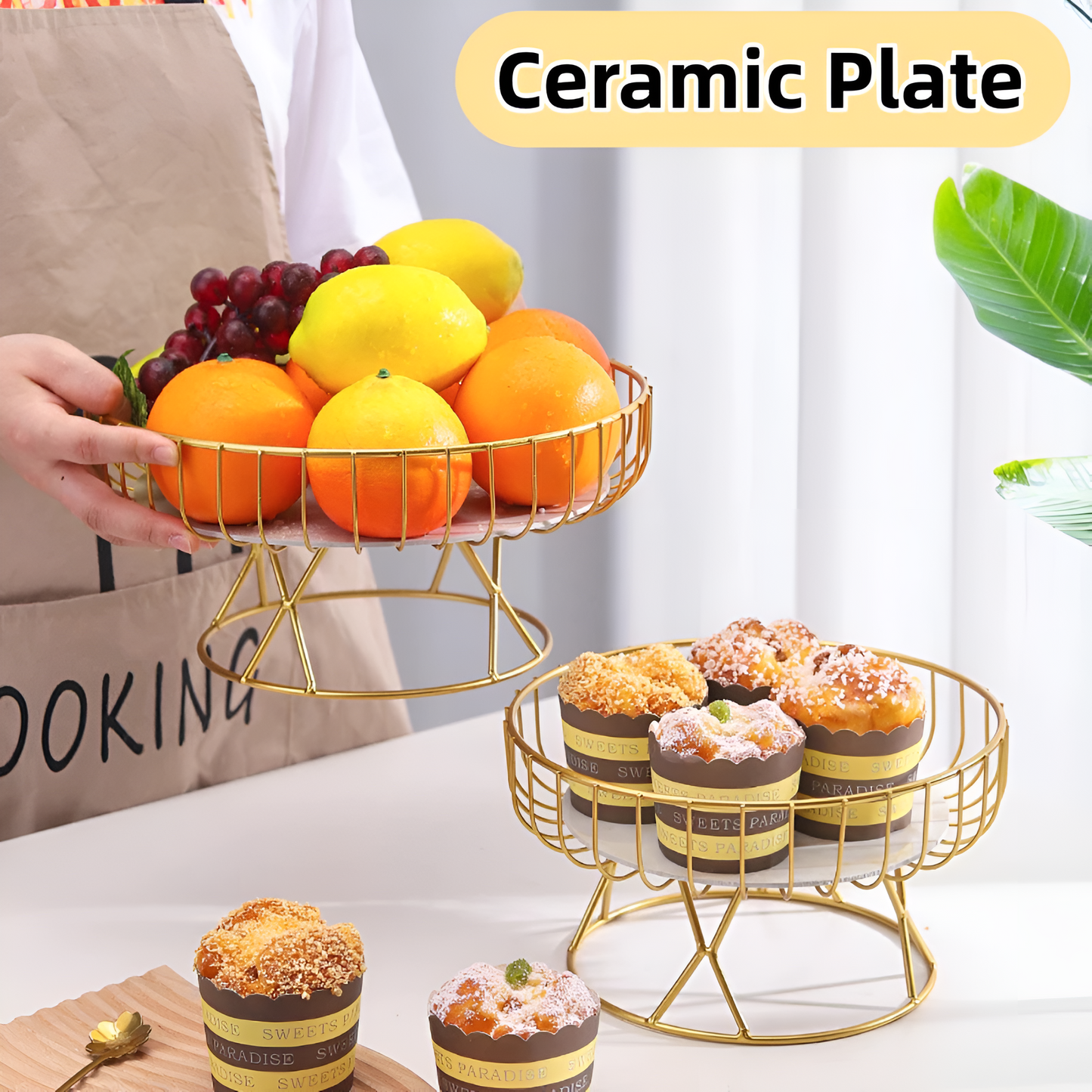 Serving Tray Ceramic Marble Pattern & Gold Handles