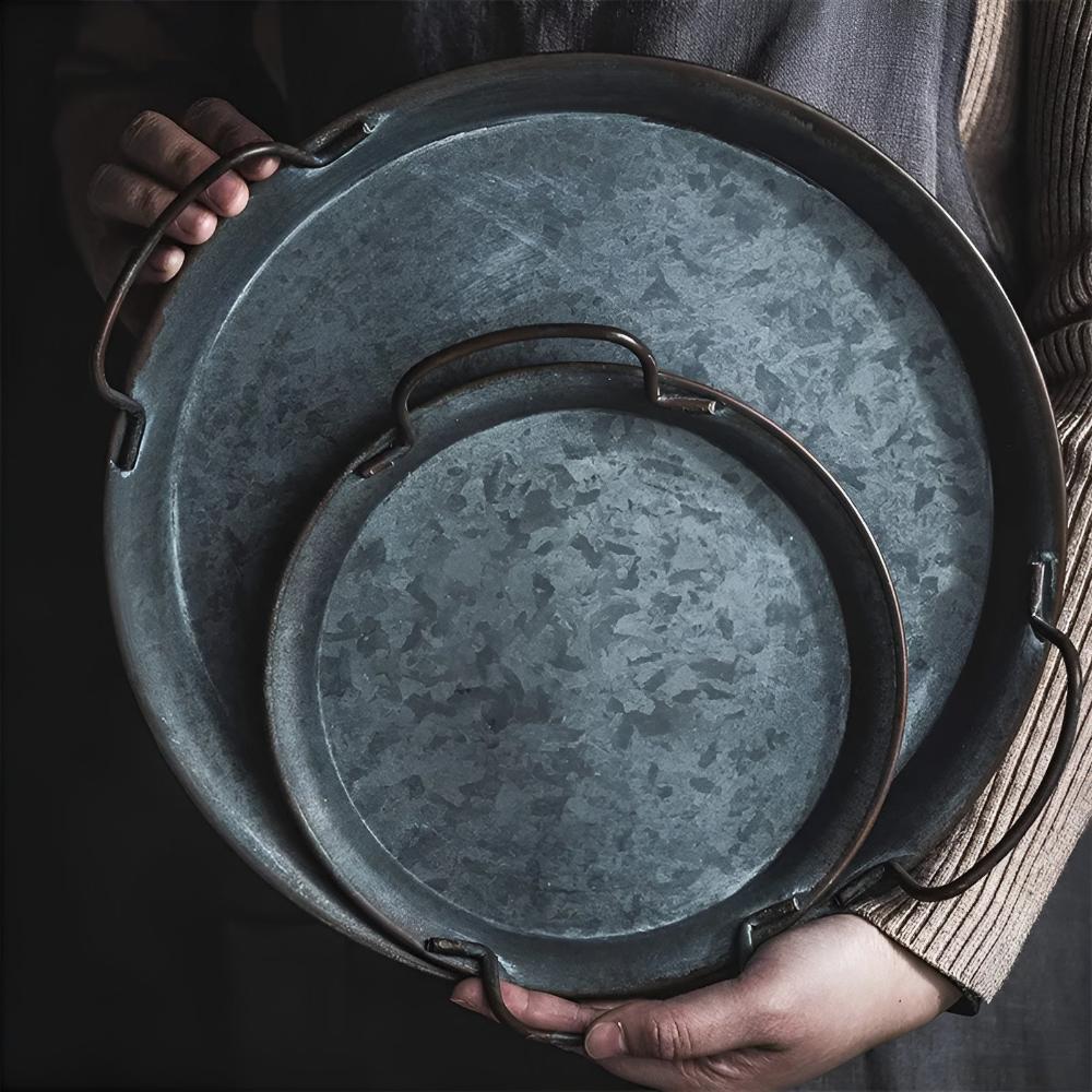 Serving Tray Distressed Iron Polished Pattern Anti-Slip