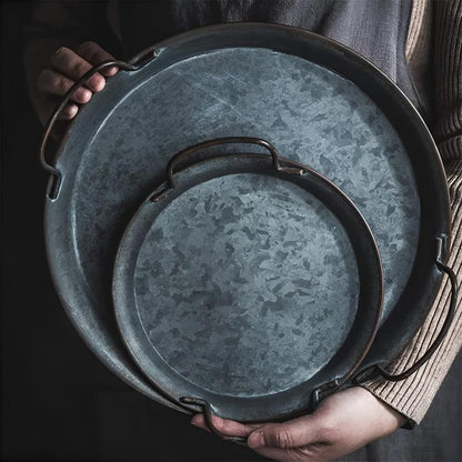 Serving Tray Distressed Iron Polished Pattern Anti-Slip