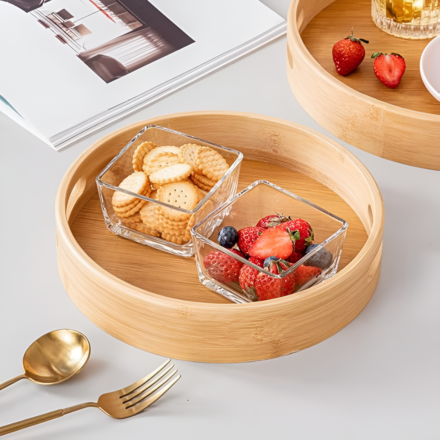 Serving Tray Round Bamboo Sturdy Handles