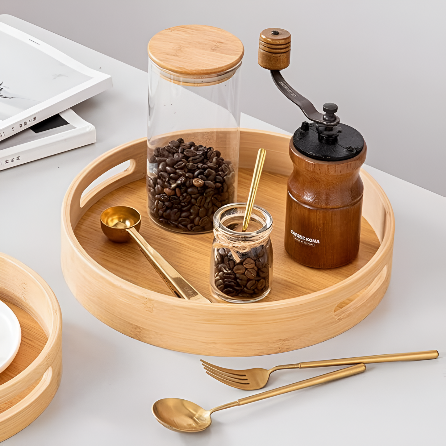 Serving Tray Round Bamboo Sturdy Handles