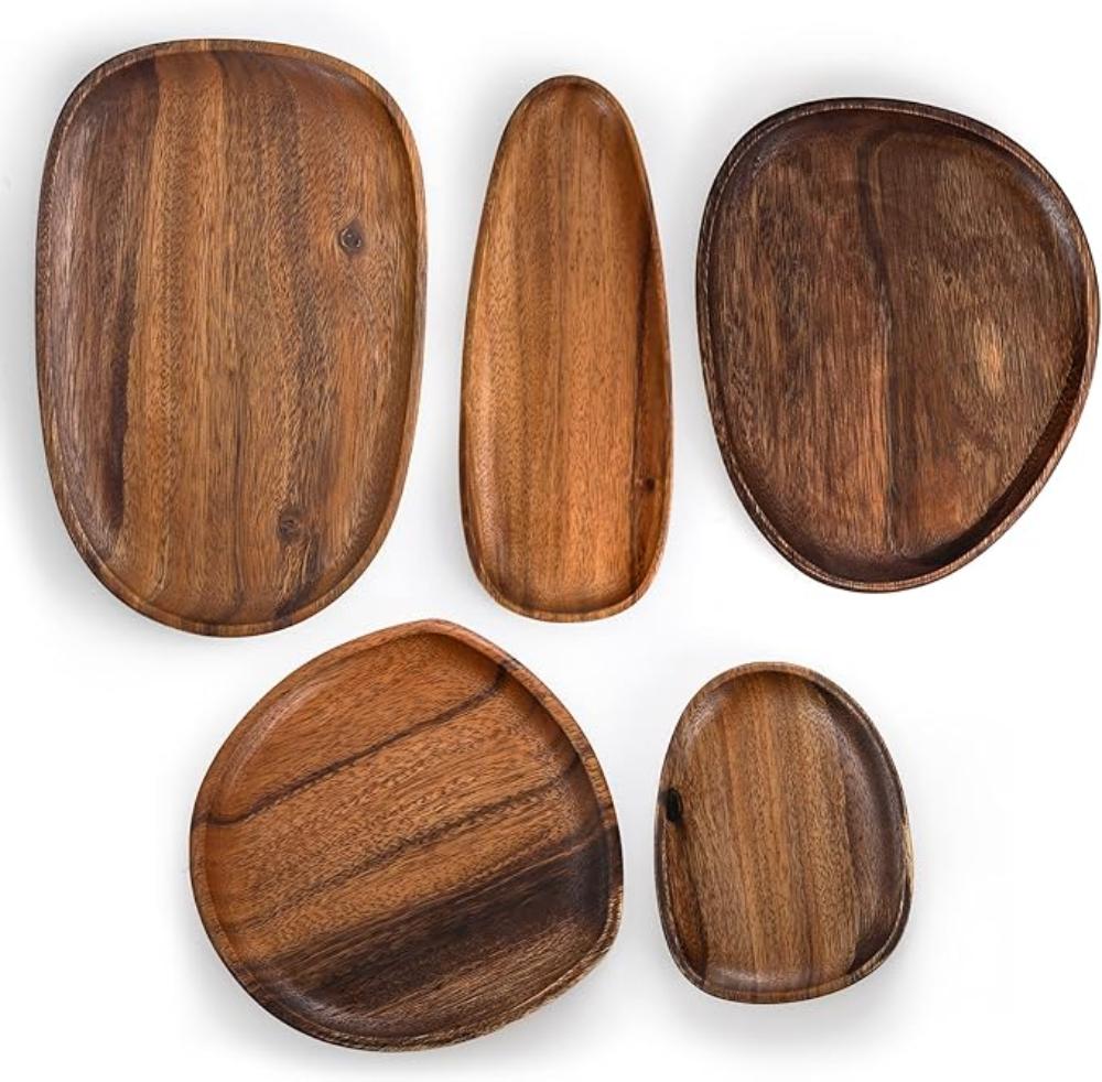Serving Tray Set Oval Acacia Wood 5-Piece
