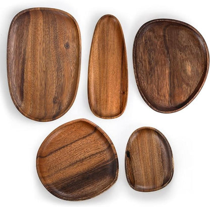 Serving Tray Set Oval Acacia Wood 5-Piece