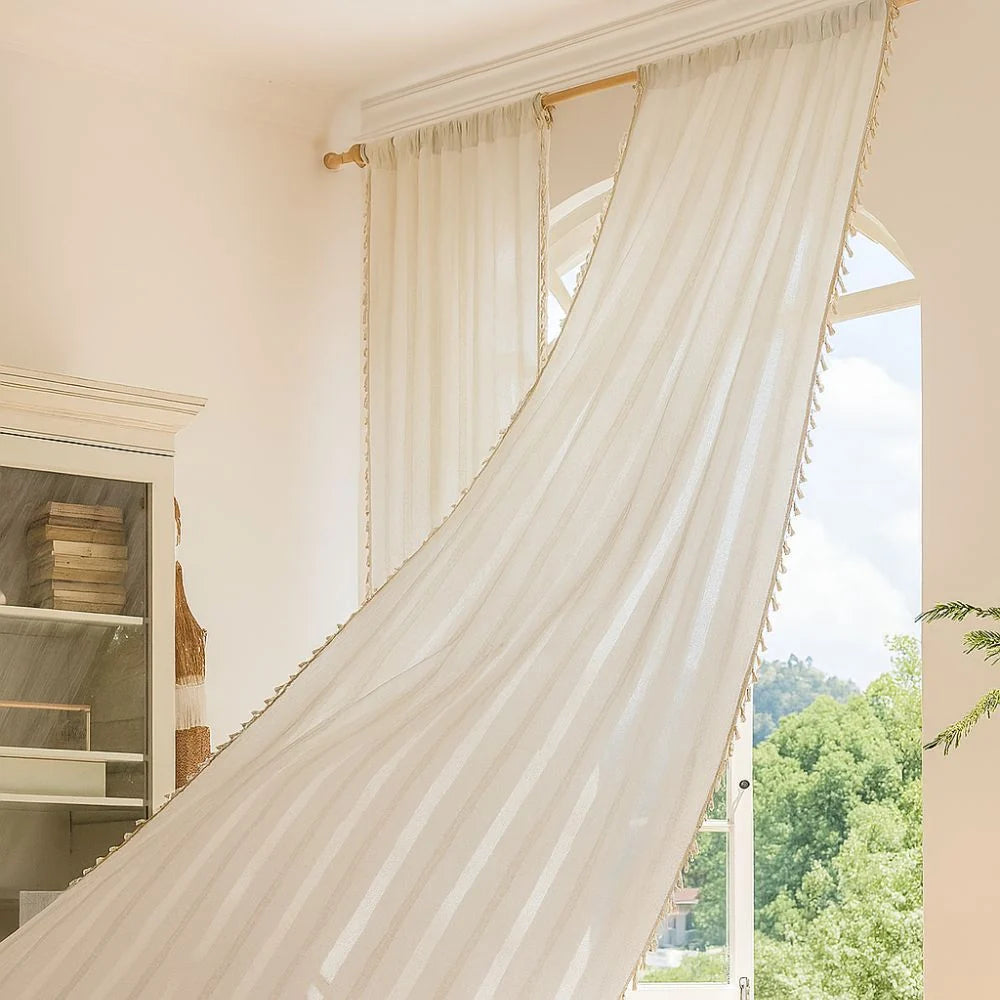 Sheer Curtain Light-Filtering Striped Hollow-Out Tassel Trim