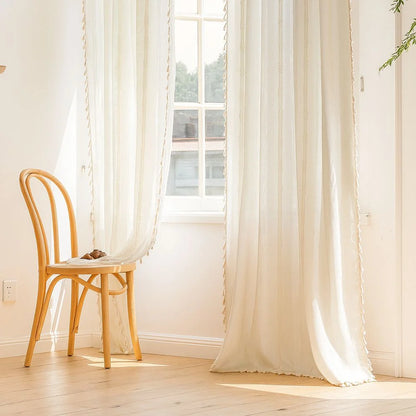 Sheer Curtain Light-Filtering Striped Hollow-Out Tassel Trim