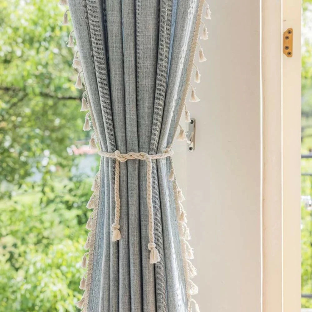Sheer Curtain Light-Filtering Striped Hollow-Out Tassel Trim