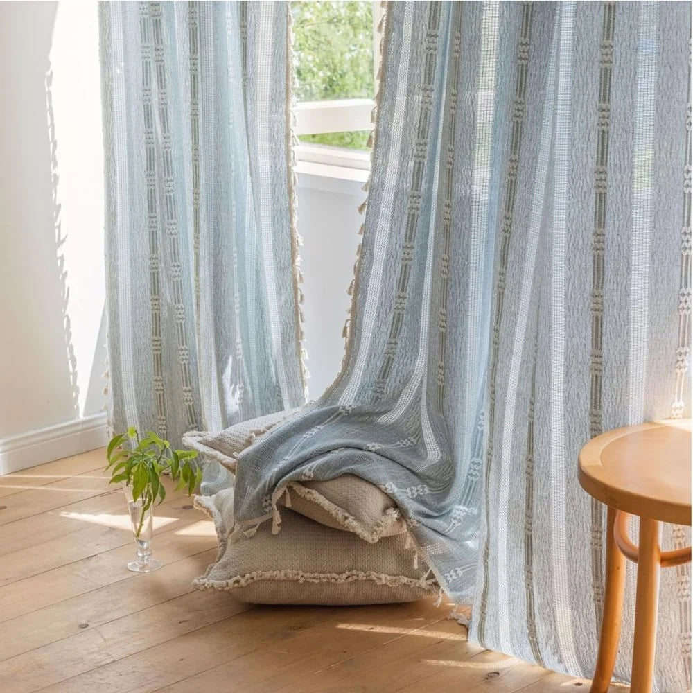 Sheer Curtain Light-Filtering Striped Hollow-Out Tassel Trim
