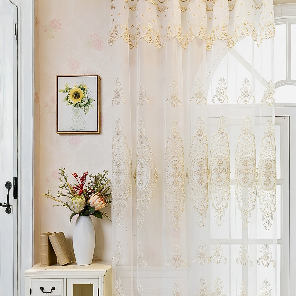 Sheer Lace Curtain Embroidered Tulle Grommet Top